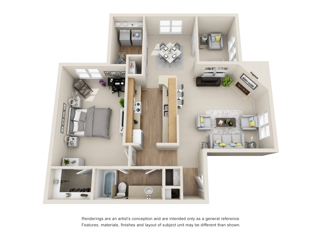 Floor plan for 1 bed, 1 bath, 835 sqft